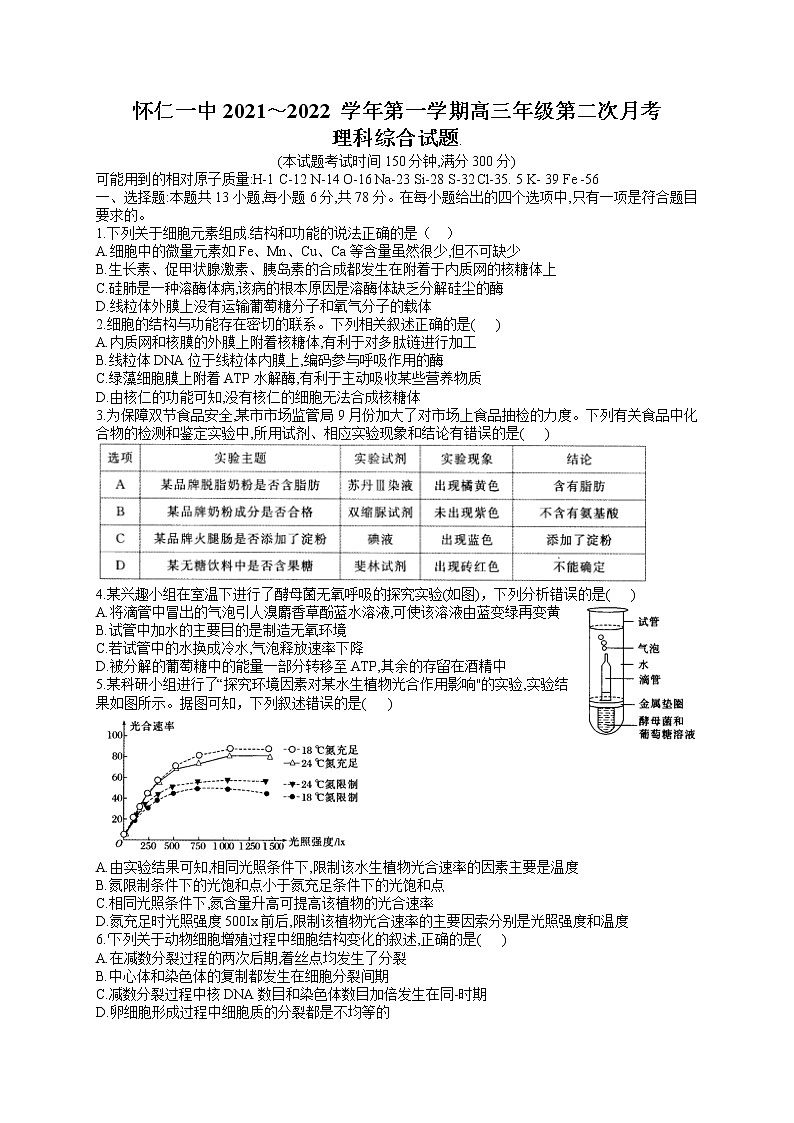 2022届山西省怀仁市第一中学高三上学期第二次月考理科综合试题 word版含答案01