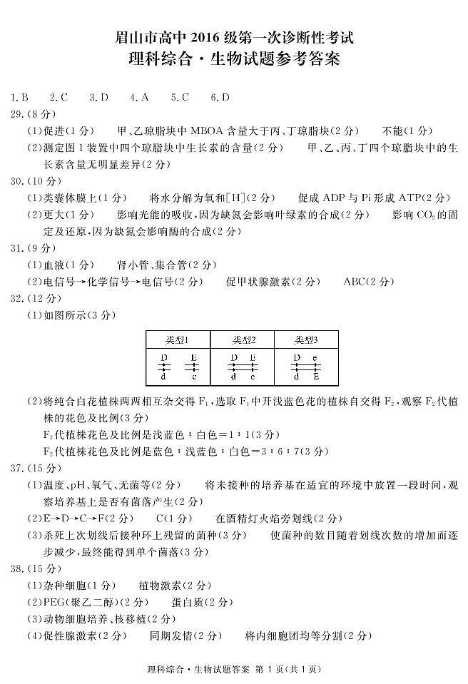四川省眉山市2019届高三第一次诊断性考试理综试题及答案（PDF版）01