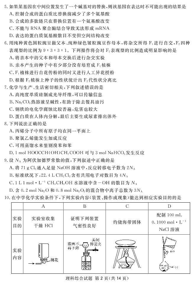 四川省眉山市2019届高三第一次诊断性考试理综试题及答案（PDF版）02