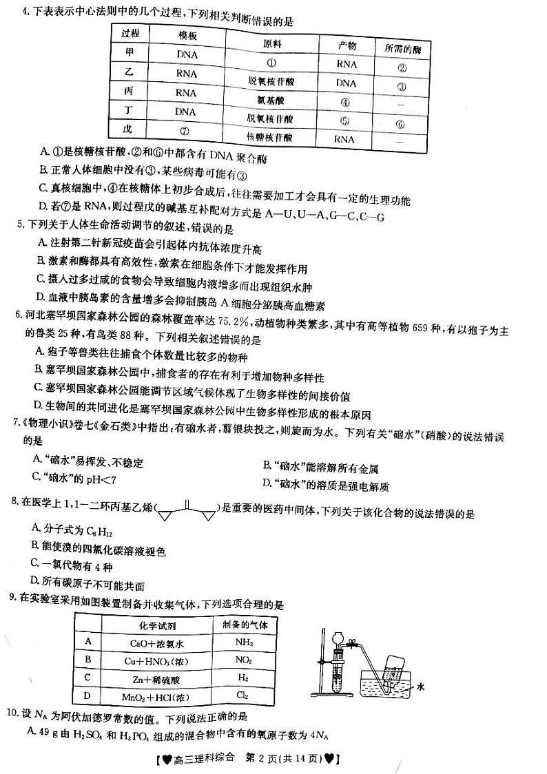 甘肃省靖远县2022届高三上学期期中考试理科综合试题扫描版含答案02