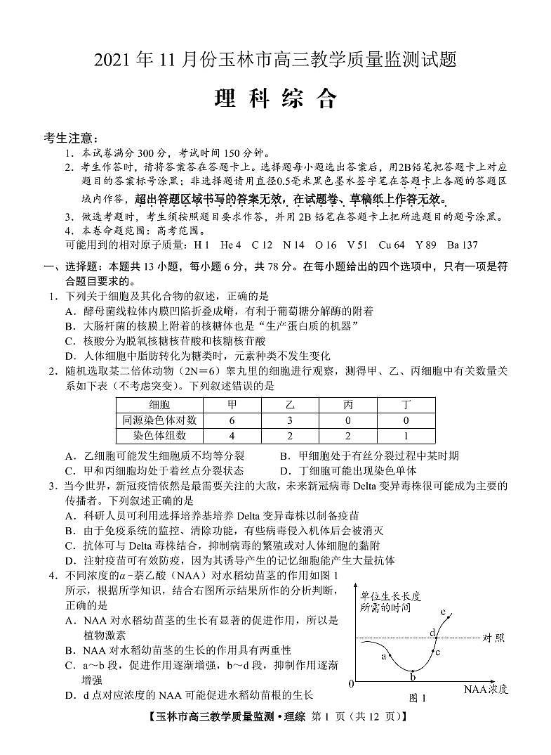 广西玉林市2022届高三上学期第一次统考（11月）理科综合试题PDF版含答案01
