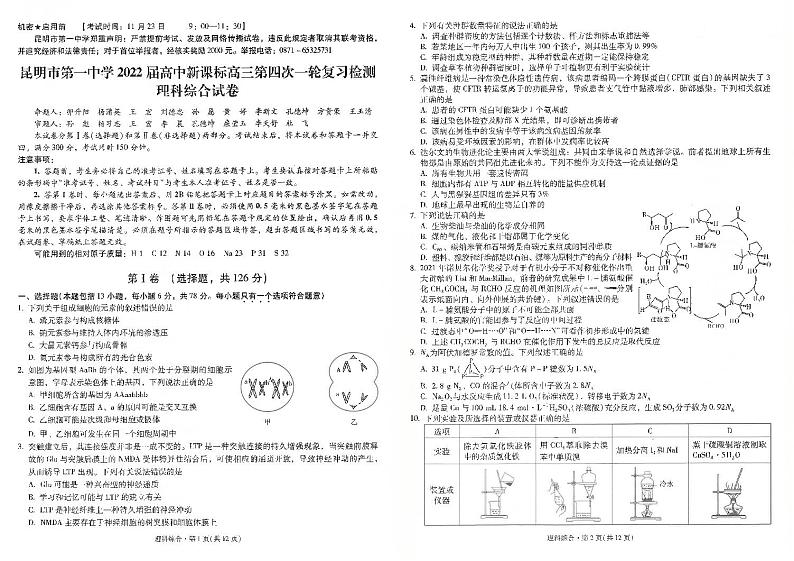 2022昆明一中高三月考（四）理科综合试卷01
