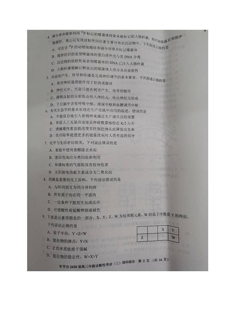 贵州省毕节市2020届高三诊断性考试（三）理科综合试题（图片版）第2页
