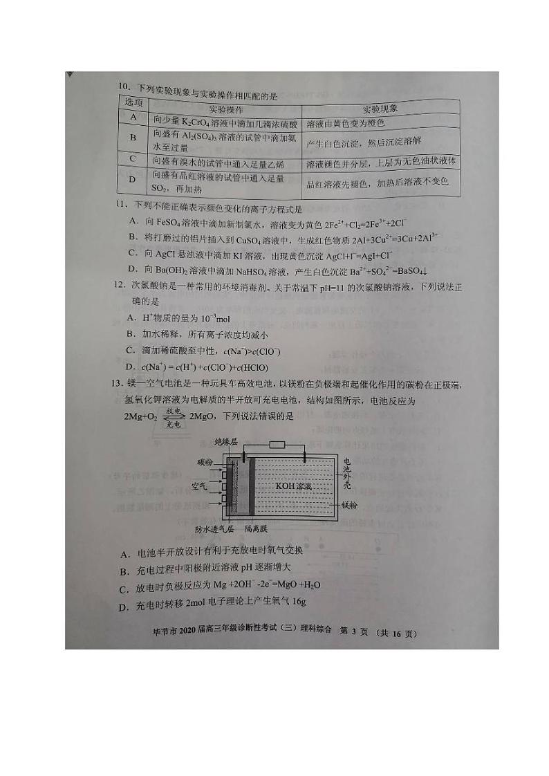 贵州省毕节市2020届高三诊断性考试（三）理科综合试题（图片版）第3页