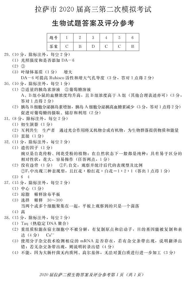 西藏拉萨市2020届高三第二次模拟考试理科综合试题01