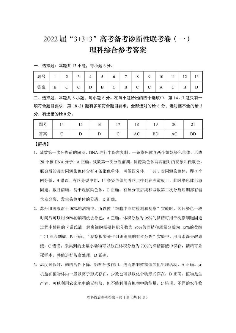 2022届“3+3+3”高考备考诊断性联考卷（一）理综-答案第1页