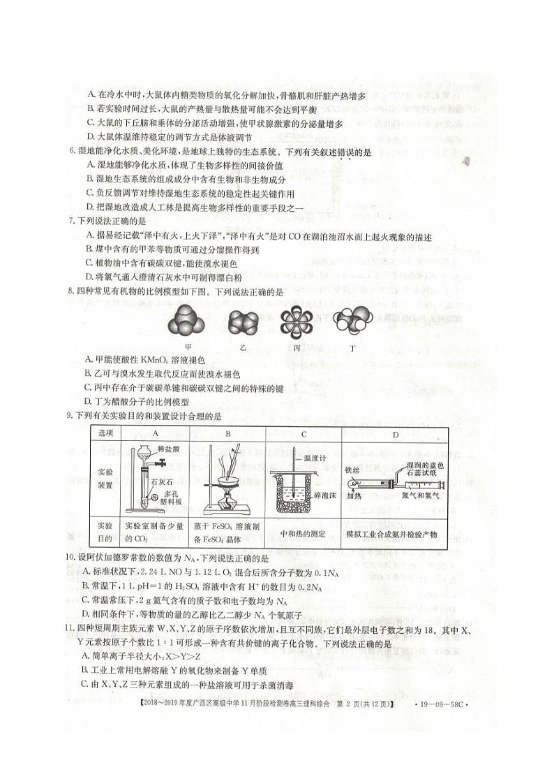 2019届广西省广西区高级中学高三上学期11月第三次月考理科综合试卷 PDF版第2页