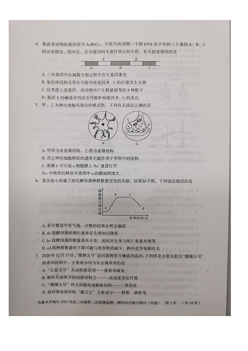 新疆乌鲁木齐地区2021届高三下学期第二次质量监测（乌市二模）理科综合试题 含答案第2页