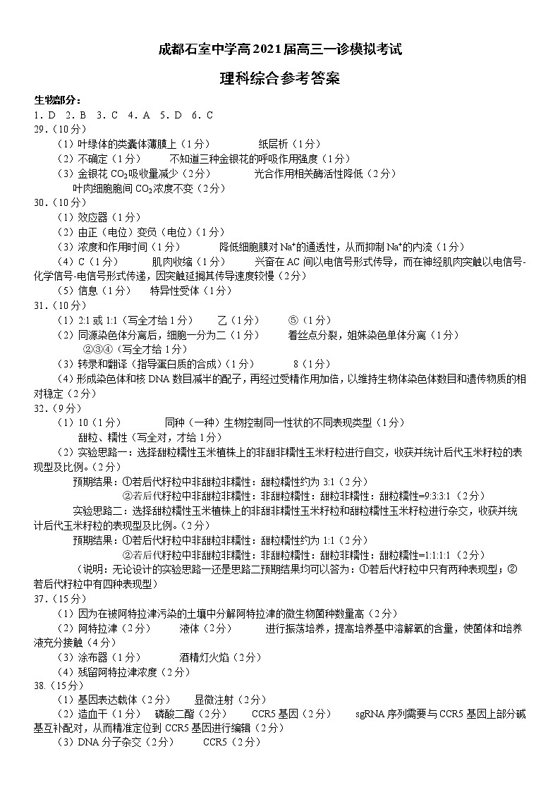 成都石室中学高2021届高三一诊模拟考试理综参考答案第1页