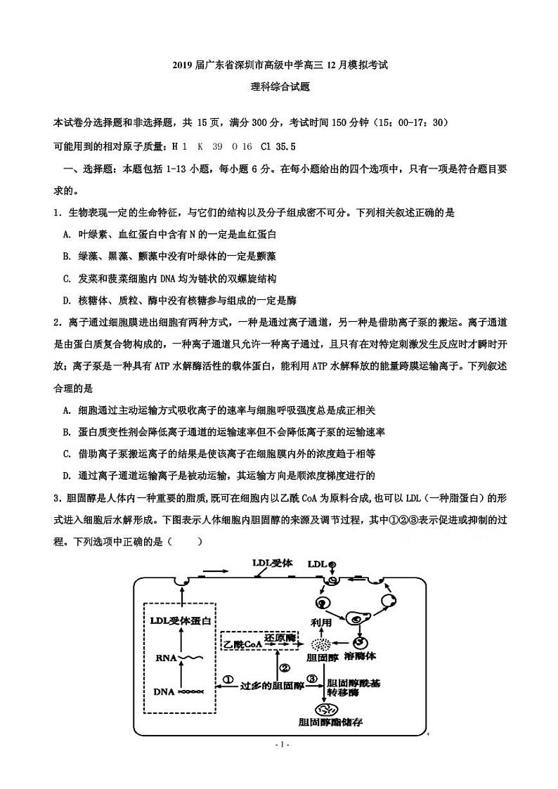 2019届广东省深圳市高级中学高三12月模拟考试理科综合试题（PDF版）第1页