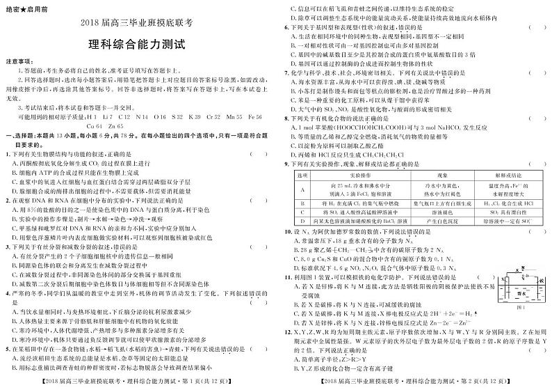 广西省南宁市2018届高三毕业班摸底联考理科综合第1页