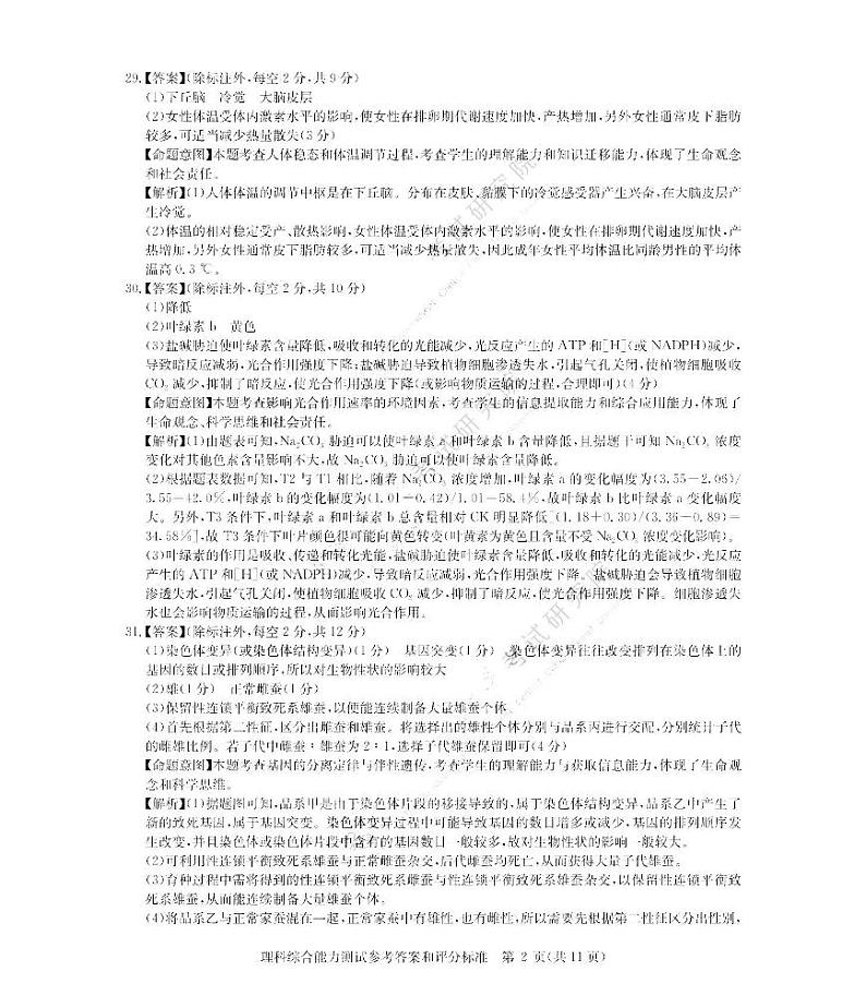 华大新高考联盟2022届高三1月教学测评理综答案（全国卷）第2页
