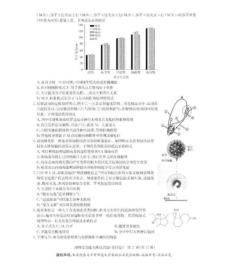 华大新高考联盟2022届高三1月教学测评理综试题（全国卷）第2页