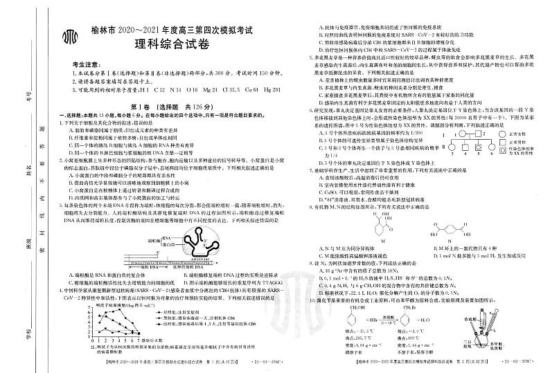 陕西省榆林市2021届高三第四次模拟考试理科综合试题01