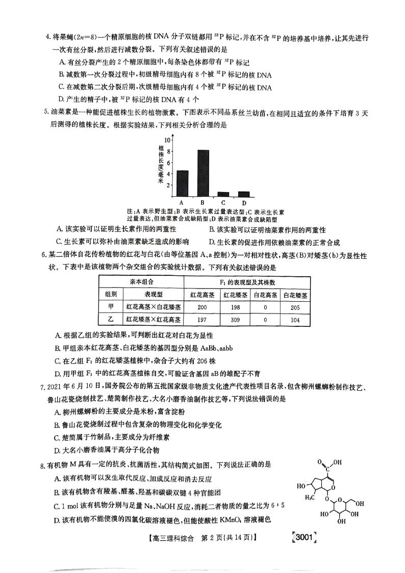 2022届山西省晋城高三一模理综试卷及答案02