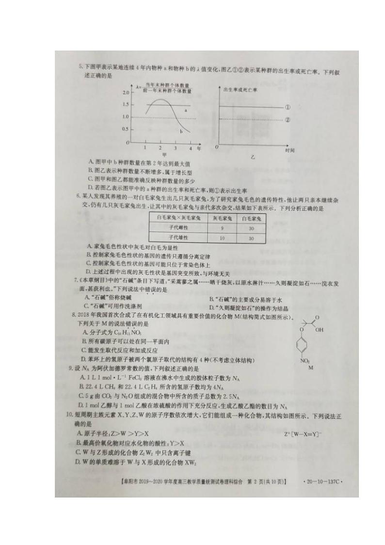 安徽省阜阳市2020届高三上学期期末教学质量统测（一模）理科综合试题含答案02