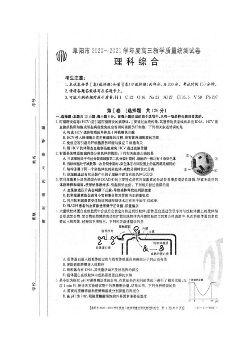 安徽省阜阳市2021届高三上学期教学质量统测（一模）理科综合试题含答案01