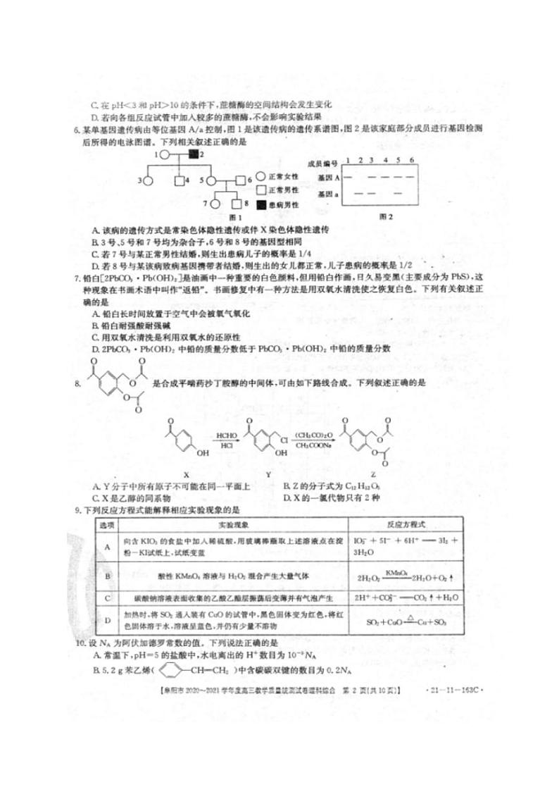 安徽省阜阳市2021届高三上学期教学质量统测（一模）理科综合试题含答案02