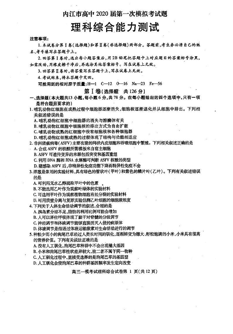 内江市高中2020届第一次模拟考试（理综）练习题01