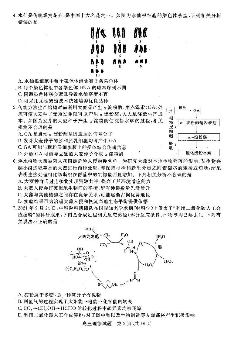 山西省2021-2022学年高三上学期期末适应性理科综合试题（一模）02