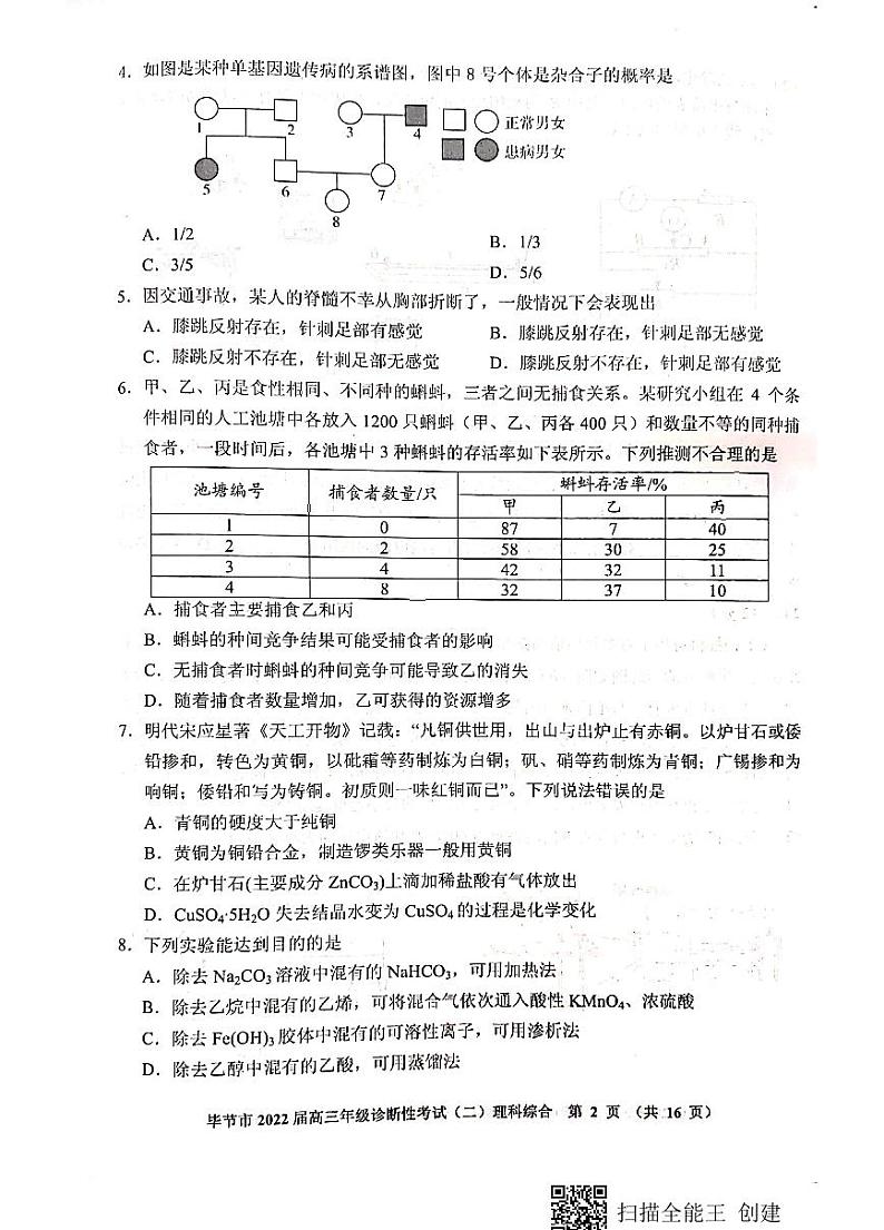贵州省毕节市2021-2022学年高三下学期2月诊断性考试（二）理科综合试题(含答案)第2页