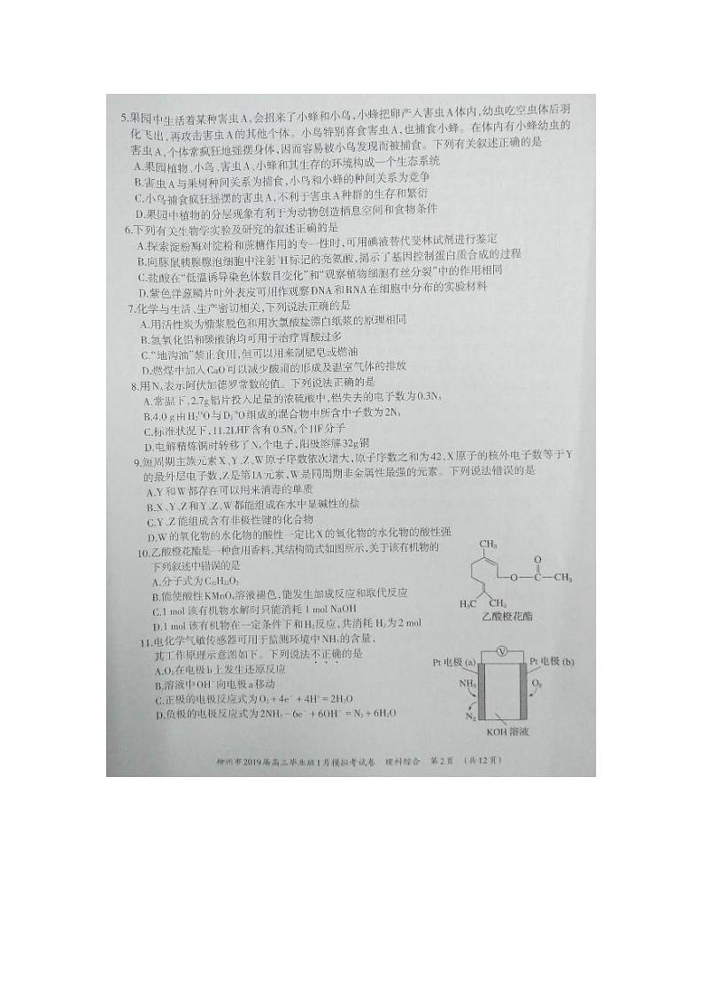 2019届广西柳州市高三1月模拟考试理综试卷（PDF版）第2页