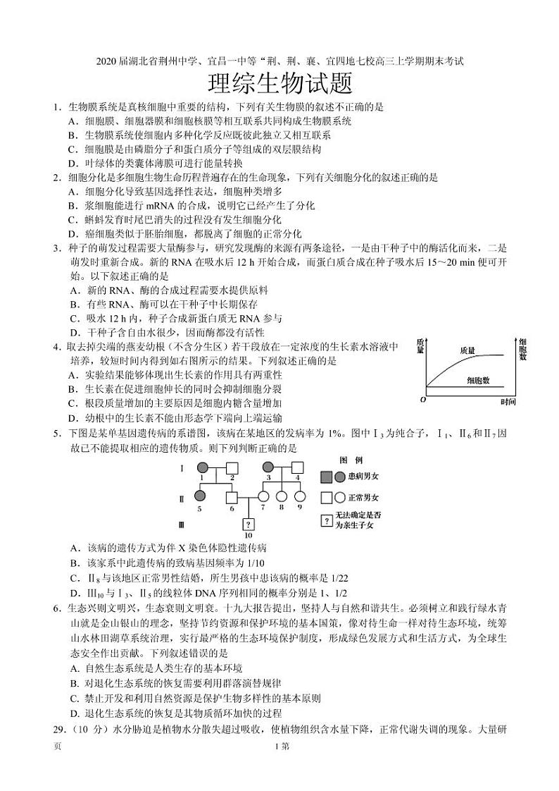 2020届湖北省荆州中学、宜昌一中等“荆、荆、襄、宜四地七校高三上学期期末考试理综试题（PDF版）01