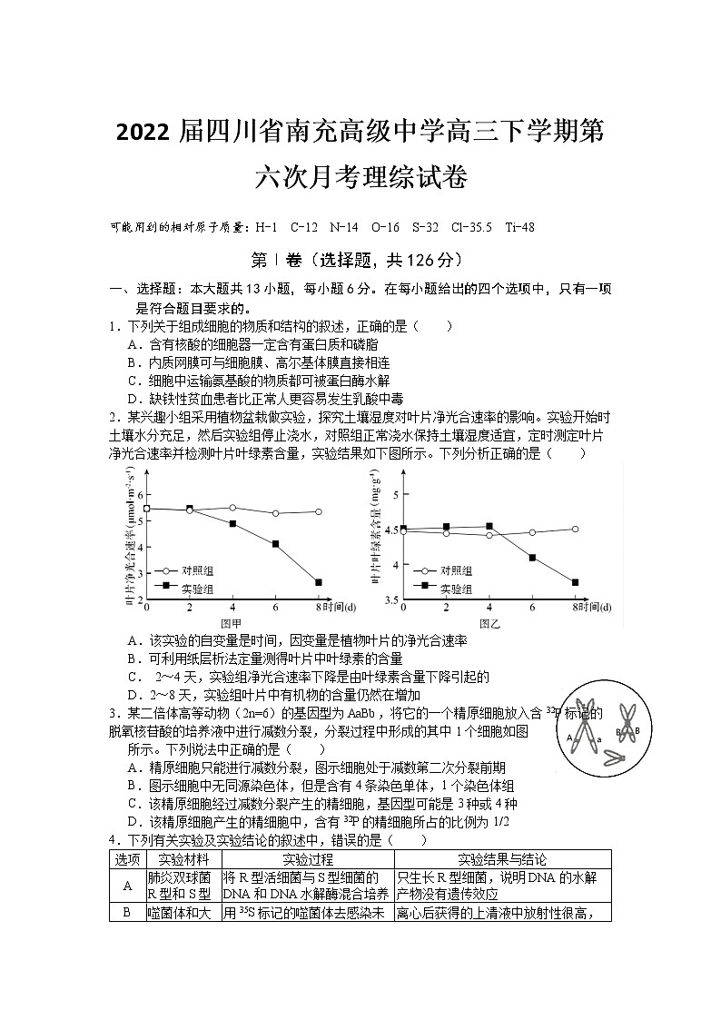 2022届四川省南充高级中学高三下学期第六次月考理综试卷第1页