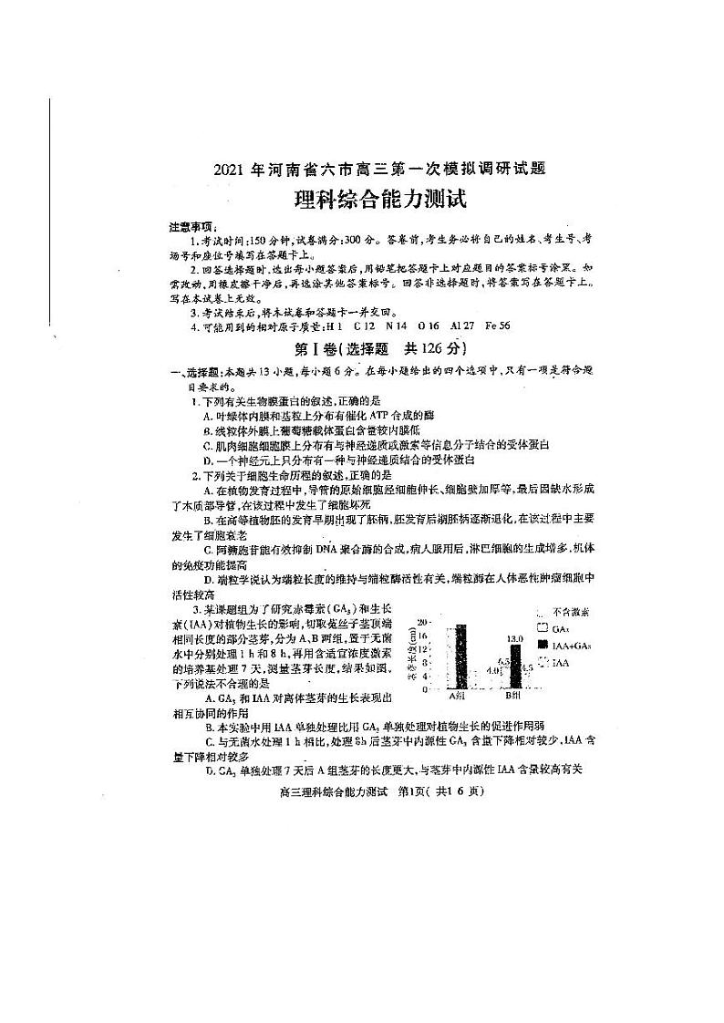 河南省六市（漯河）2021届高三下学期3月第一次联考理科综合试题含答案01