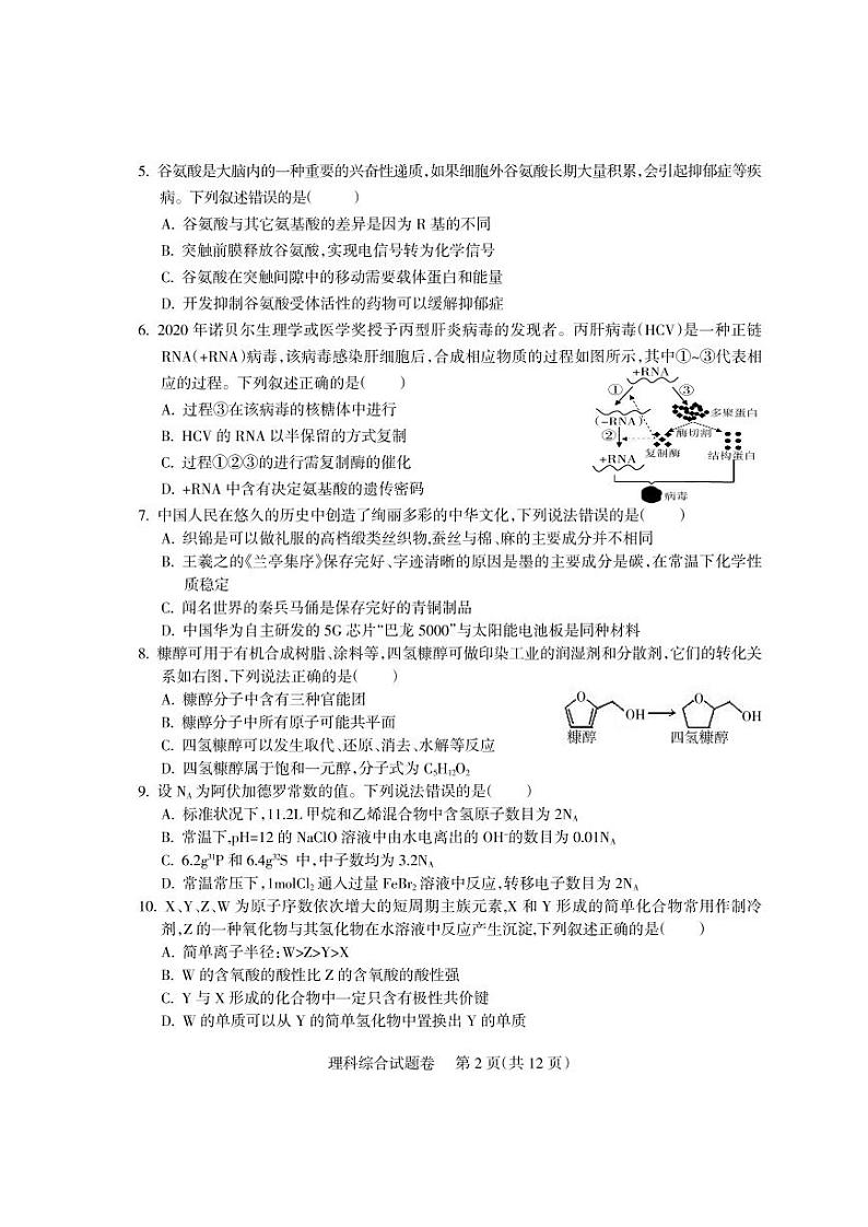 2022届四川省凉山州高三上学期第一次诊断性检测 理科综合 PDF版第2页