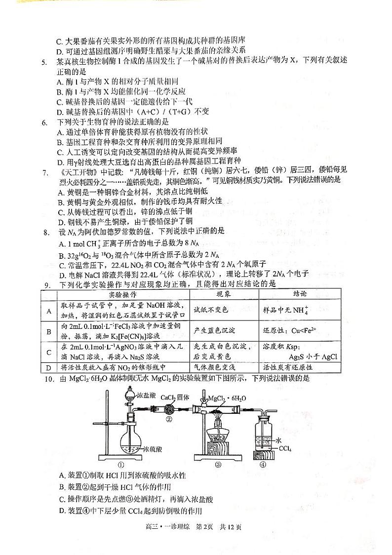2021届四川省泸州市高三上学期第一次教学质量诊断性考试理科综合试题 PDF版02