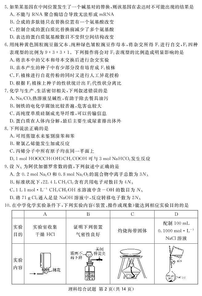 2019届四川省遂宁市高中高三上学期第一次诊断性考试理科综合试卷（PDF版）02