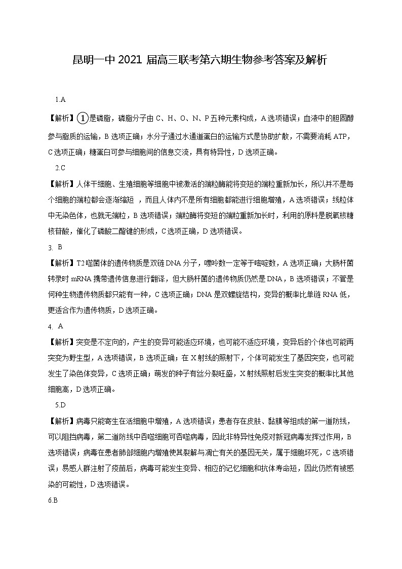 2021届云南省昆明市第一中学高三下学期3月第六次复习检测理科综合试题 PDF版01