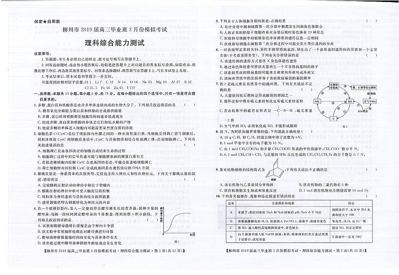 2019届广西柳州市高三第三次模拟考试理综试卷（PDF版）第1页