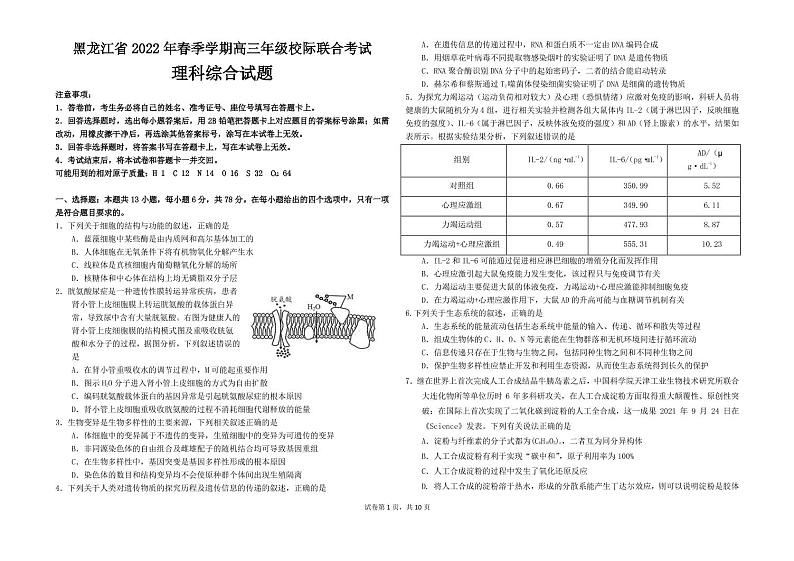 2022春季联考 理综试题第1页