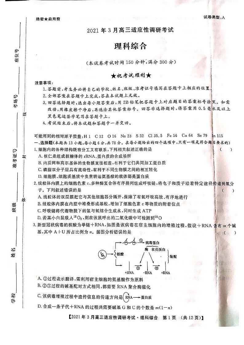 山西省晋中市2020-2021学年高三下学期3月适应性考试（二模）理科综合试题含答案01