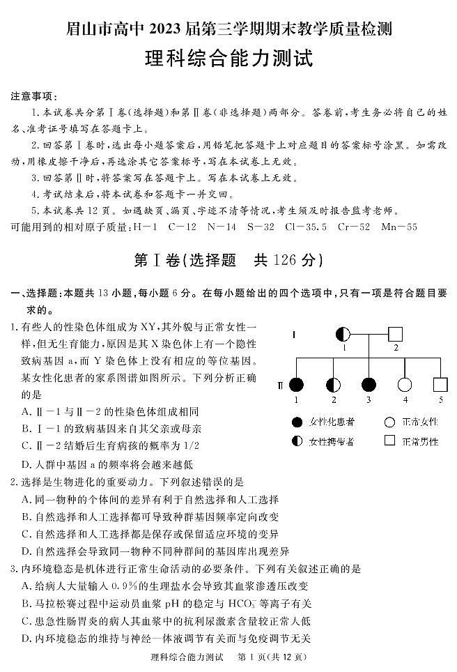 2021-2022学年四川省眉山市高二上学期期末教学质量检测理综试题（PDF版）第1页