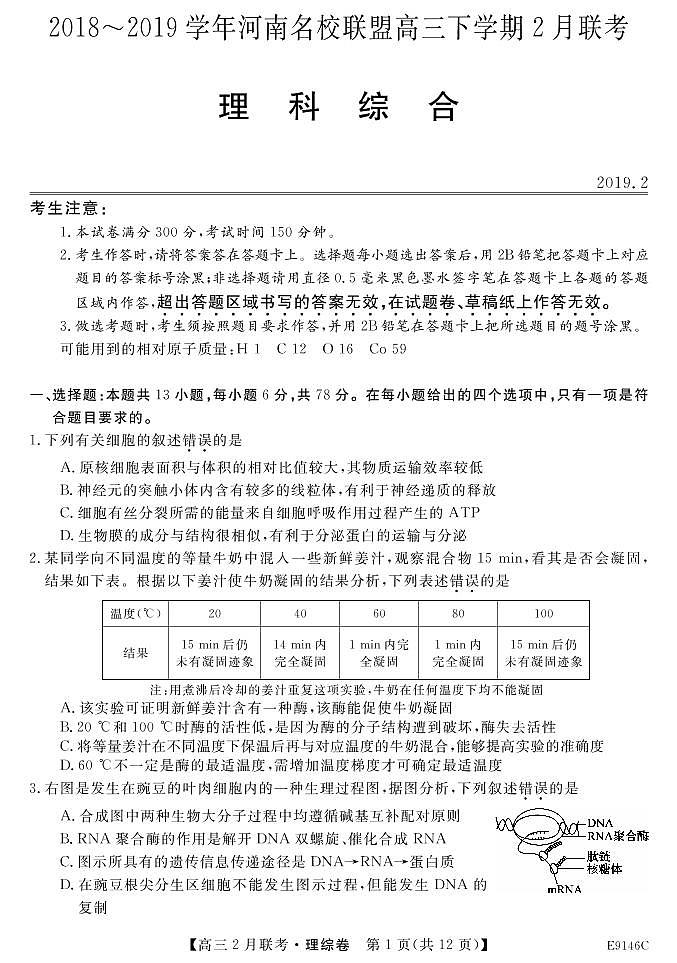 2019届河南省名校联盟高三下学期2月联考理科综合试卷（PDF版）01