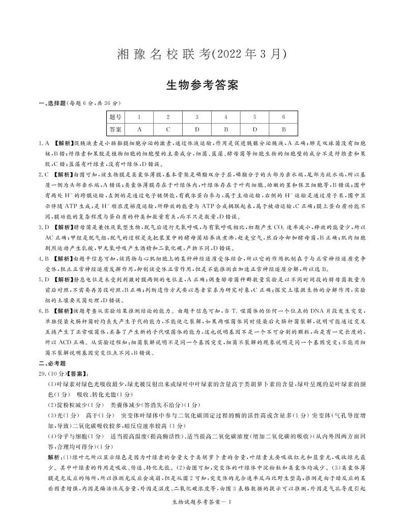 2022届河南省实验中学等湘豫名校联考高三下学期3月联考 理科综合试题（PDF版）01