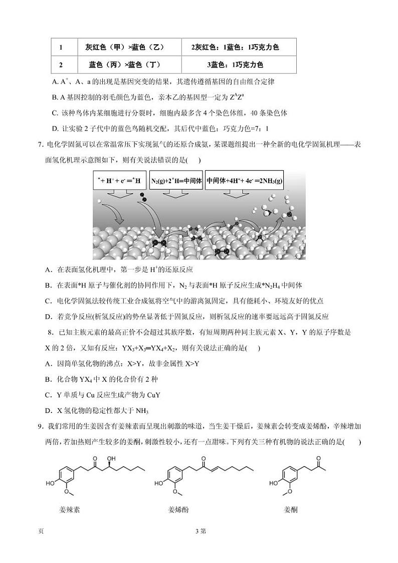 2020届黑龙江省大庆实验中学高三下学期开学考试理综试题 PDF版第3页