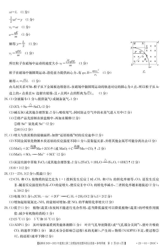 陕西省榆林市2021届高考模拟第二次测试（二模）理综试题（含答案）02
