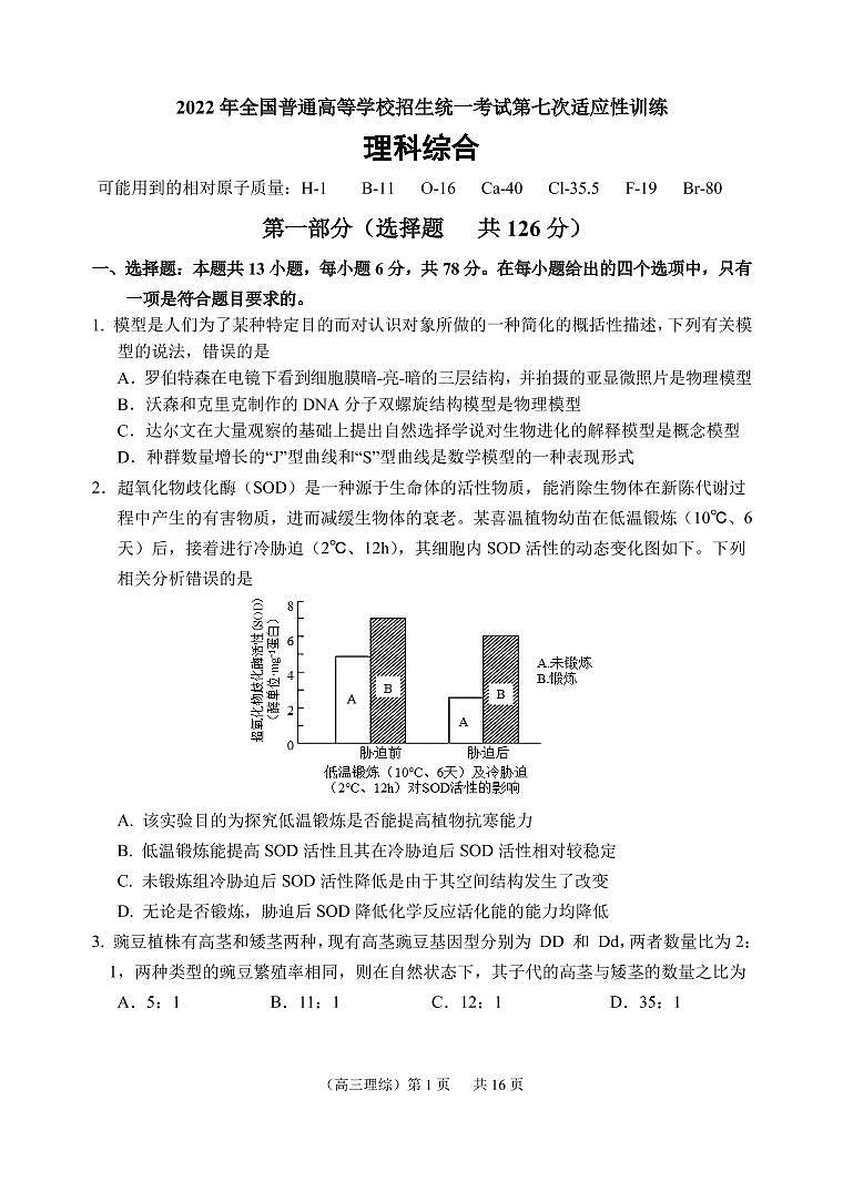 2022届陕西省西安市西工大附中高三第七次适应性训练理综试题 PDF版01