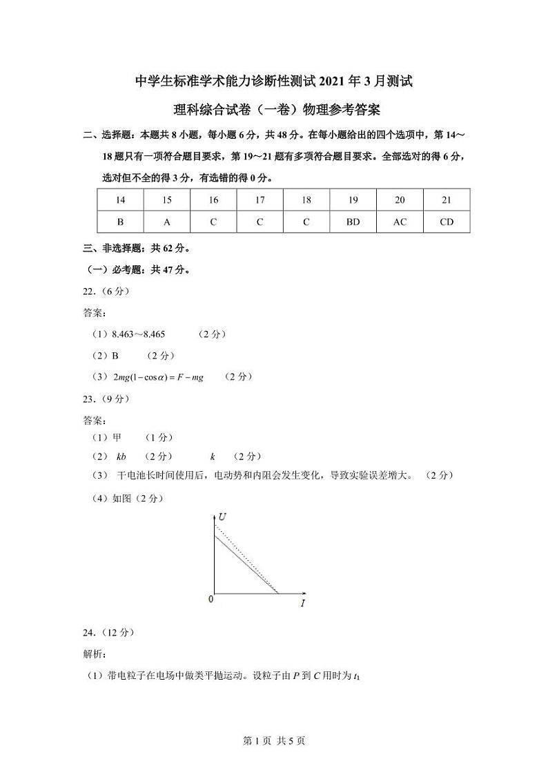 THUSSAT2021年3月诊断性测试理综物理答案第1页