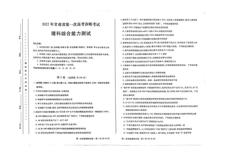 2022年甘肃省第一次高考诊断考试理科综合试题含答案第1页