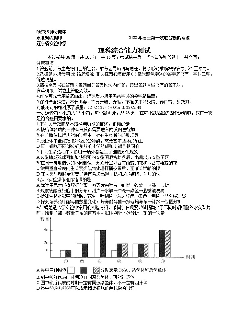 东北三省三校2022届高三3月第一次联合模拟考试（一模）  理综  Word版无答案第1页