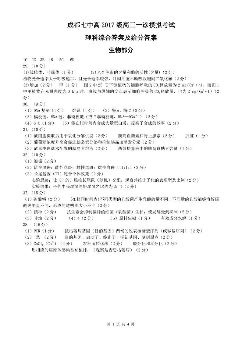2020届四川省成都市第七中学高三上学期一诊模拟理科综合试题 PDF版01