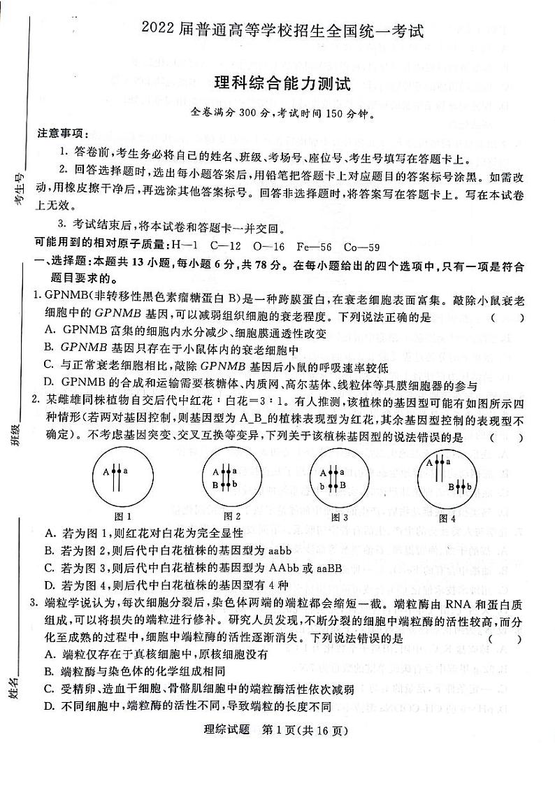 河南省2021-2022学年高三下学期2月百校大联考理综试题（青桐鸣）（PDF版含答案）01