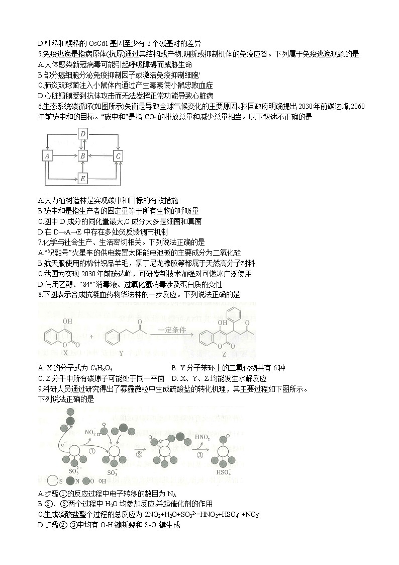 2022届山西省高三高考考前适应性测试（一模） 理综02