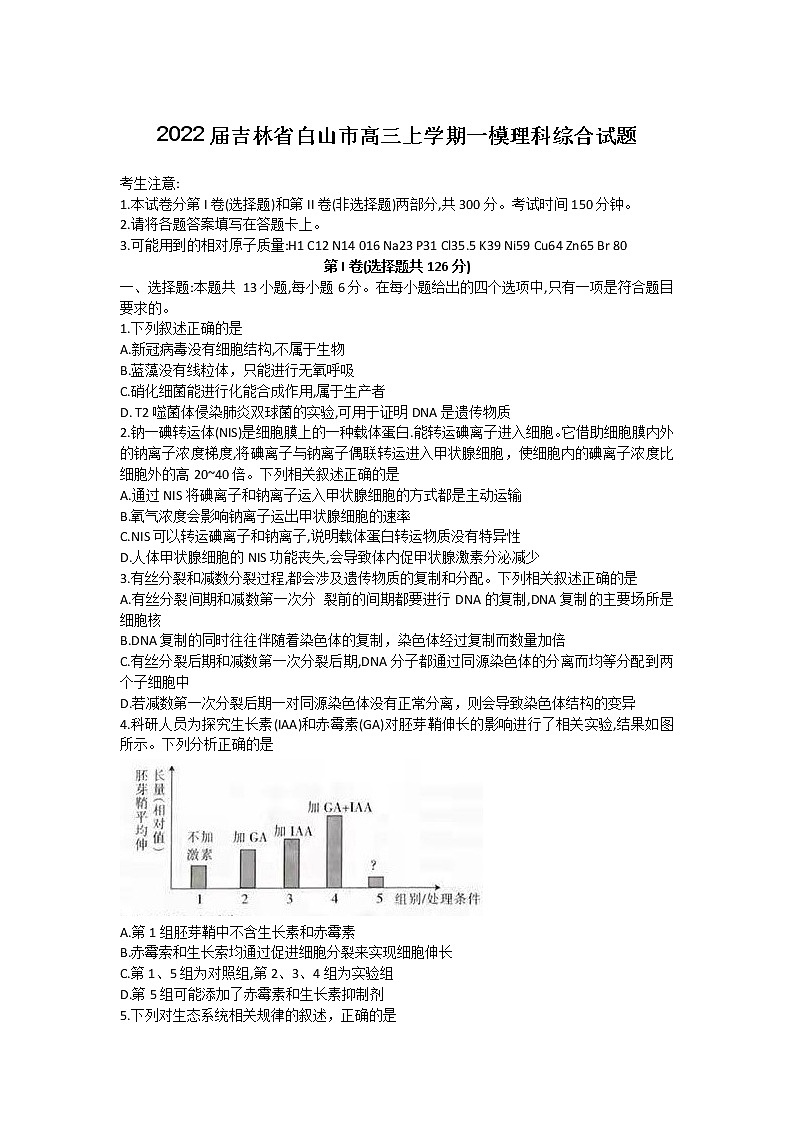 2022届吉林省白山市高三上学期一模理科综合试题第1页
