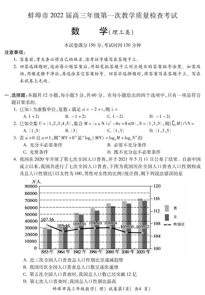 2022届安徽省蚌埠市高三上学期第一次教学质量检查数学（理）试题 PDF版01